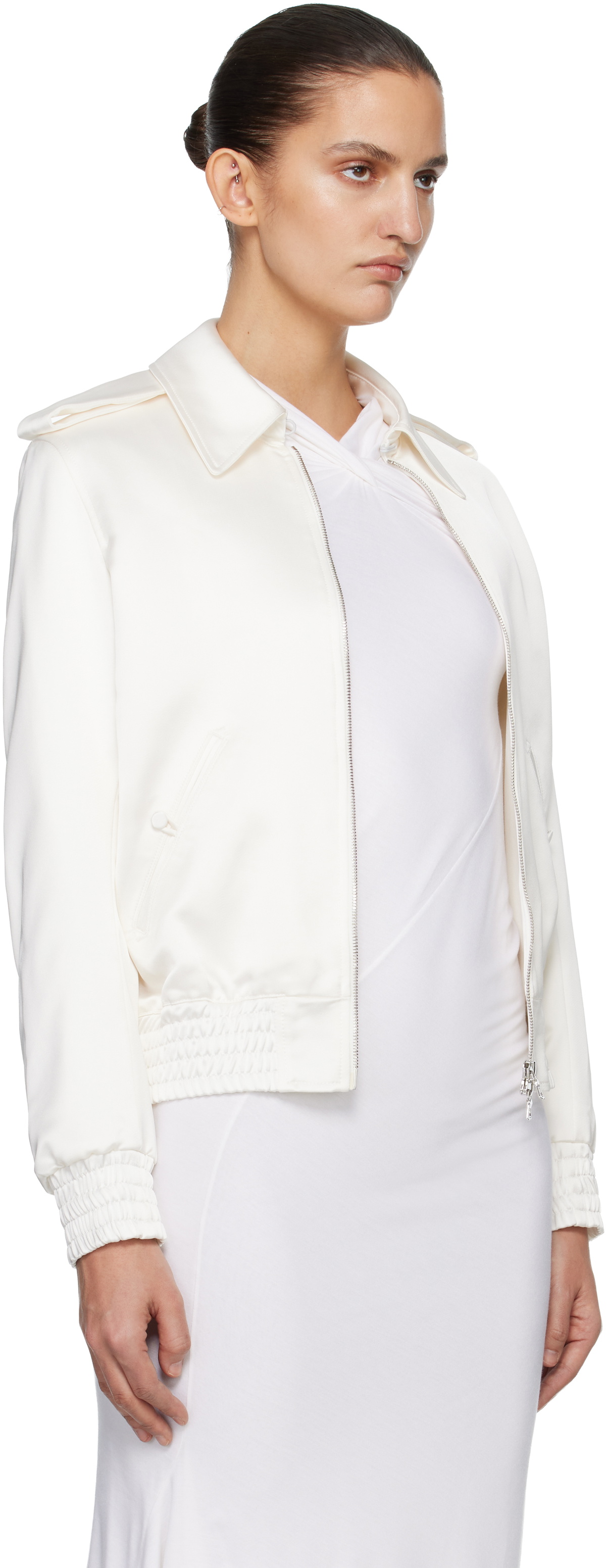 AARON ESH Off-White Satin Blouson Flight Jacket