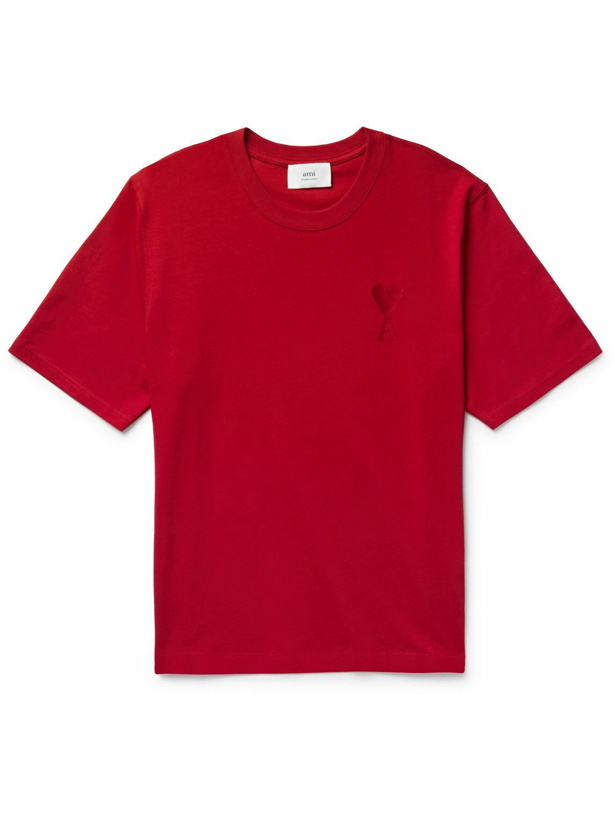 Photo: AMI PARIS - Logo-Embroidered Organic Cotton-Jersey T-Shirt - Red