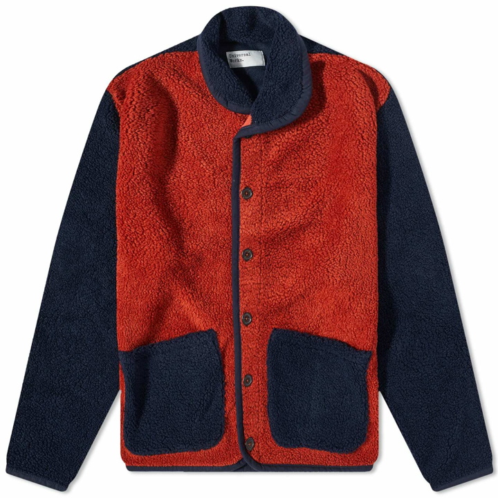 Photo: Universal Works Men's Lancaster Mountain Fleece Jacket in Navy/Rust