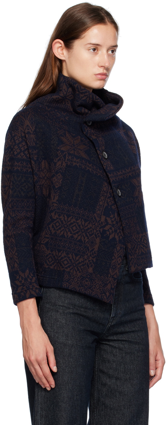 Y's Navy & Brown Asymmetry Cardigan