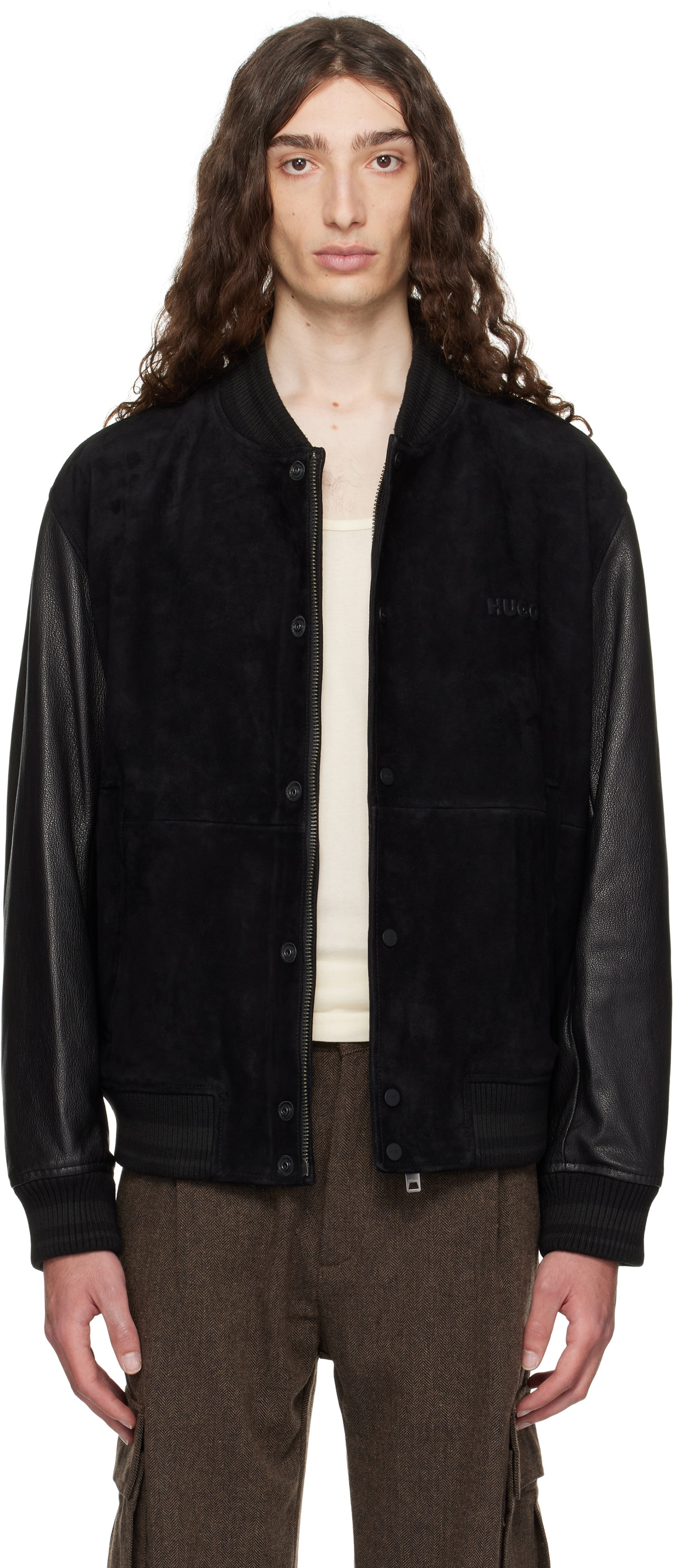 Hugo Black Embossed-Logo Leather Bomber Jacket