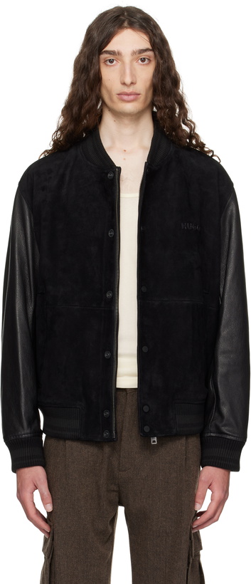 Photo: Hugo Black Embossed-Logo Leather Bomber Jacket