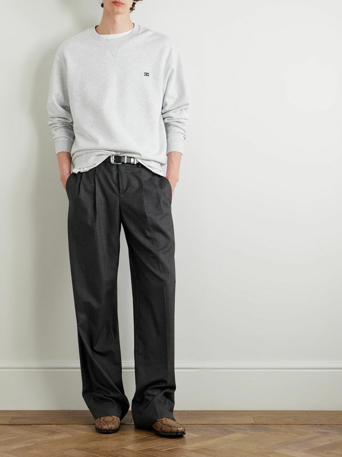 CELINE - Logo-Embroidered Cotton-Jersey Sweatshirt - Gray