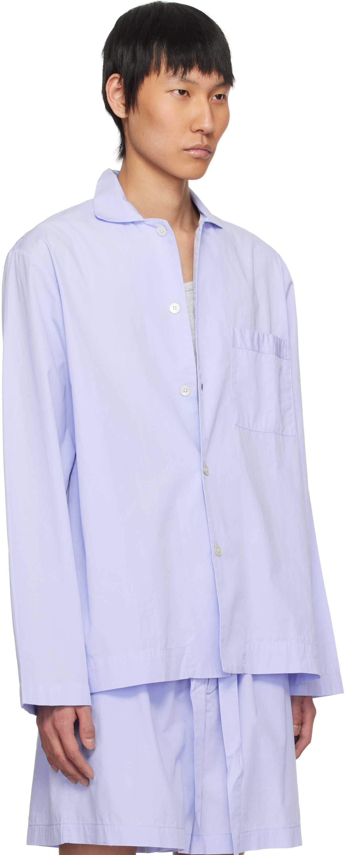 Tekla Blue Poplin Long-Sleeved Pyjama Shirt