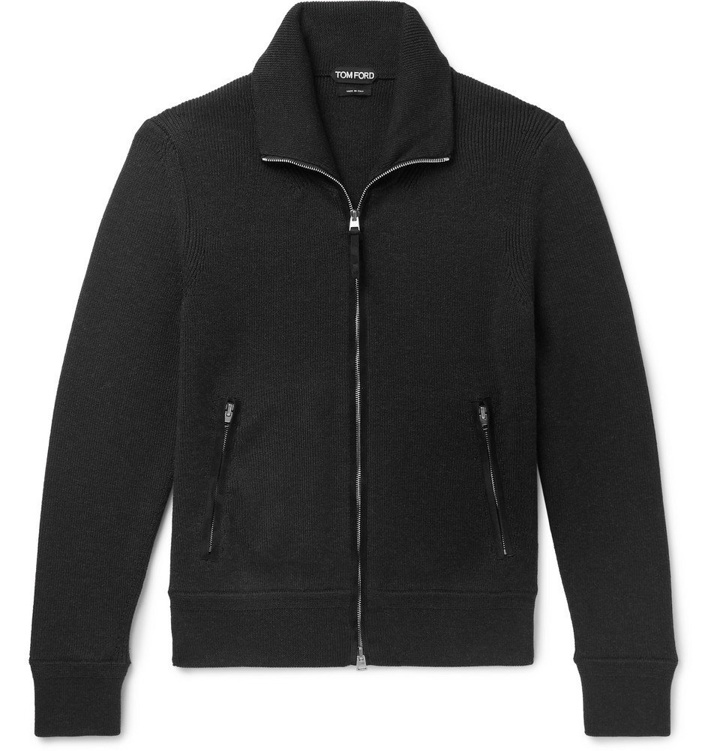 Photo: TOM FORD - Suede-Trimmed Ribbed Wool Zip-Up Cardigan - Men - Black