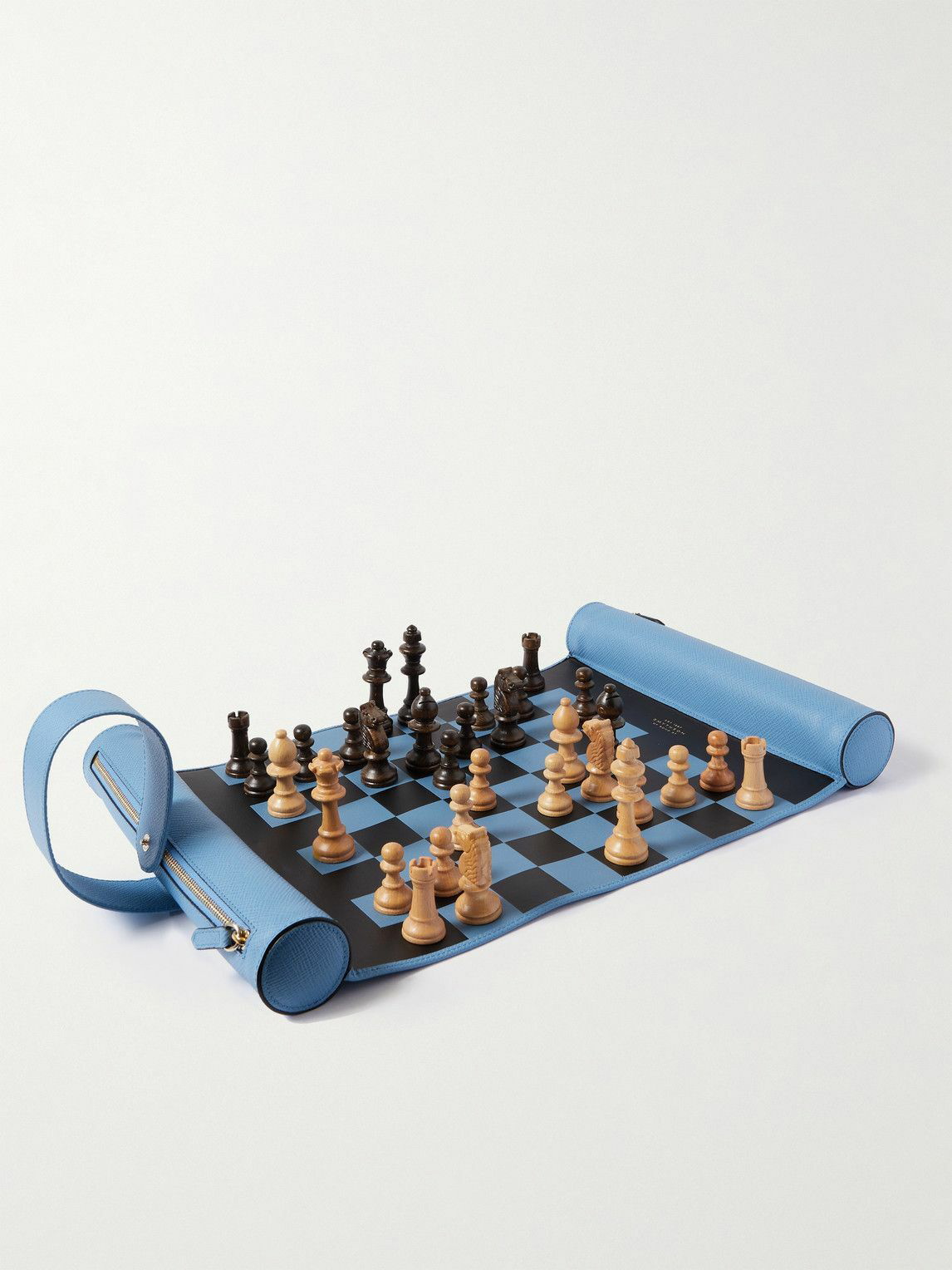 Smythson black Leather Roll-Up Chess Set