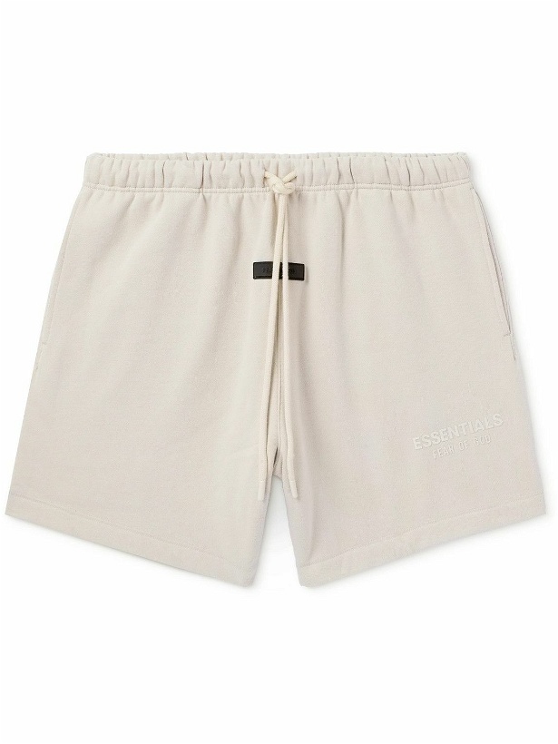 Photo: FEAR OF GOD ESSENTIALS - Straight-Leg Logo-Appliquéd Cotton-Blend Jersey Drawstring Shorts - Neutrals