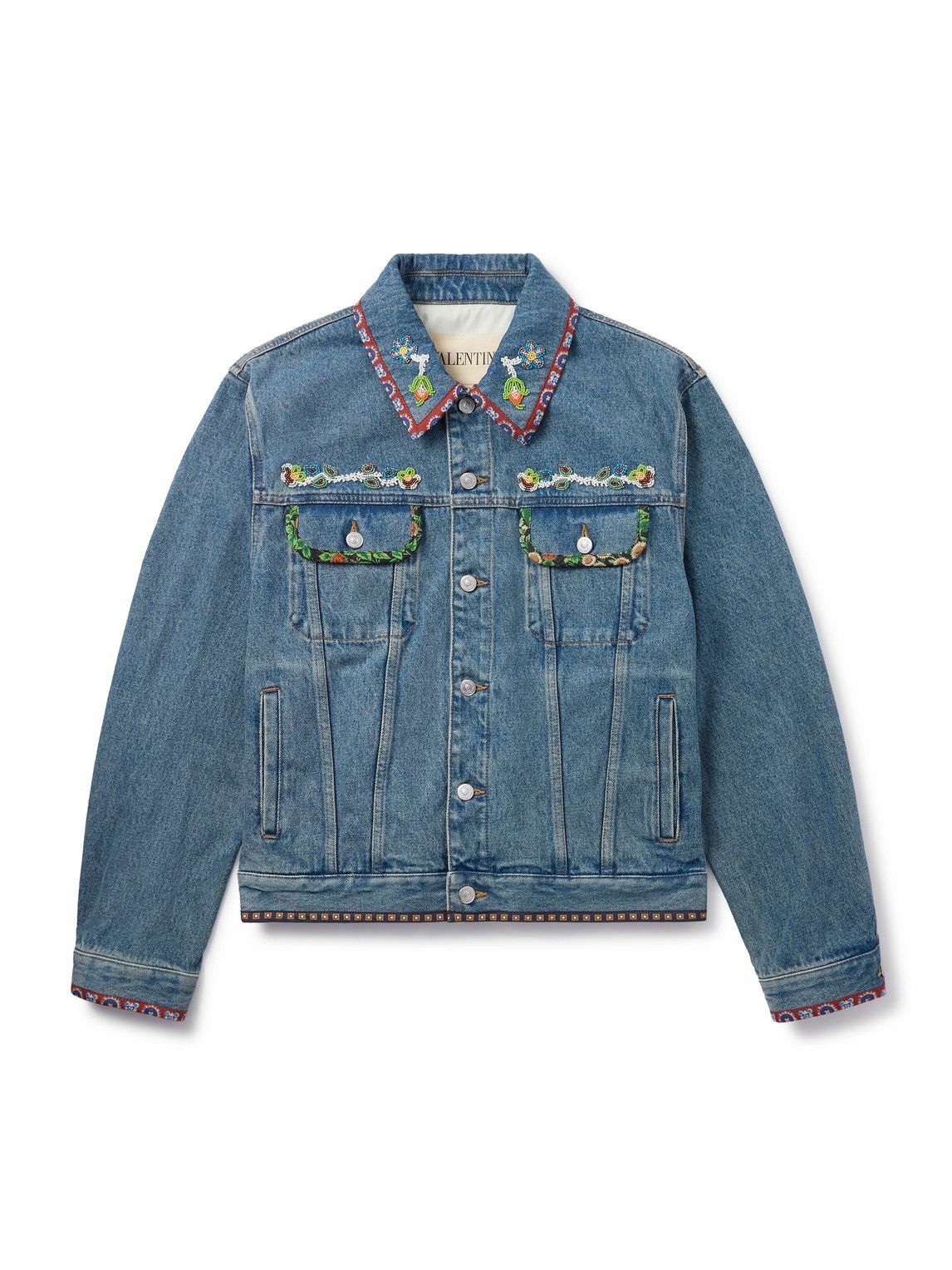 Valentino Garavani - Bead-Embellished Floral-Trimmed Denim Jacket
