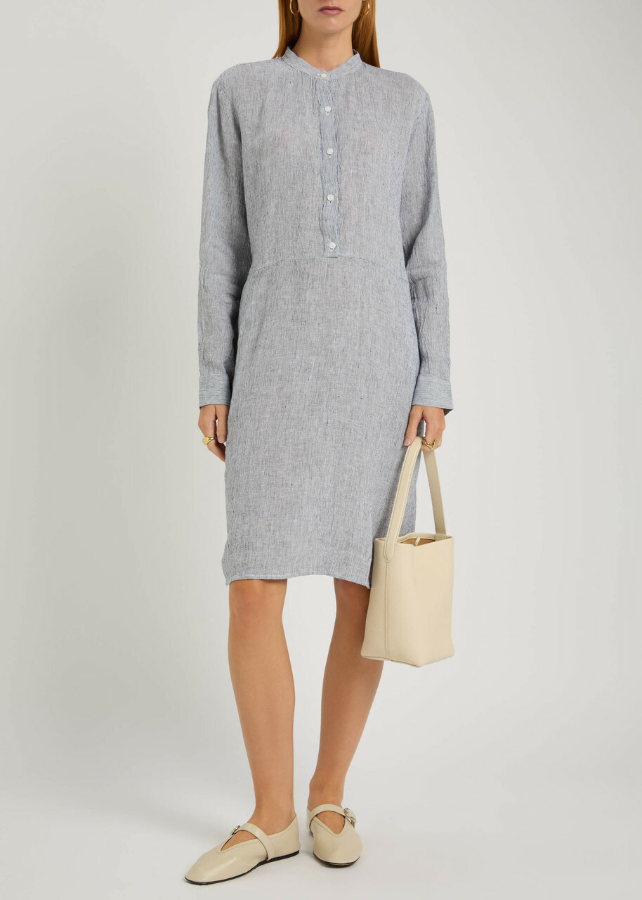 Eileen Fisher Striped Linen Midi Shirt Dress Blue