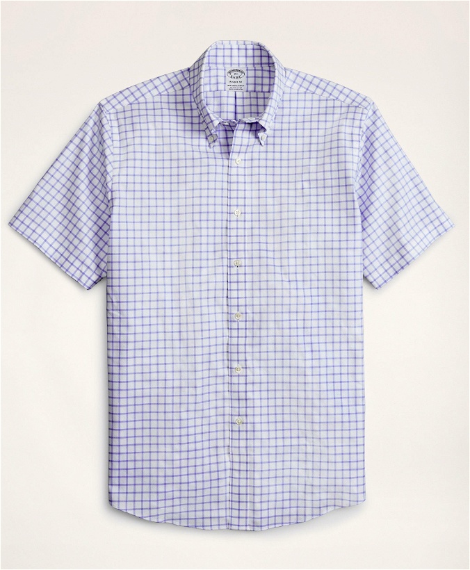 Photo: Brooks Brothers Men's Stretch Regent Regular-Fit Dress Shirt, Non-Iron Twill Short-Sleeve Grid Check | Light/Blue
