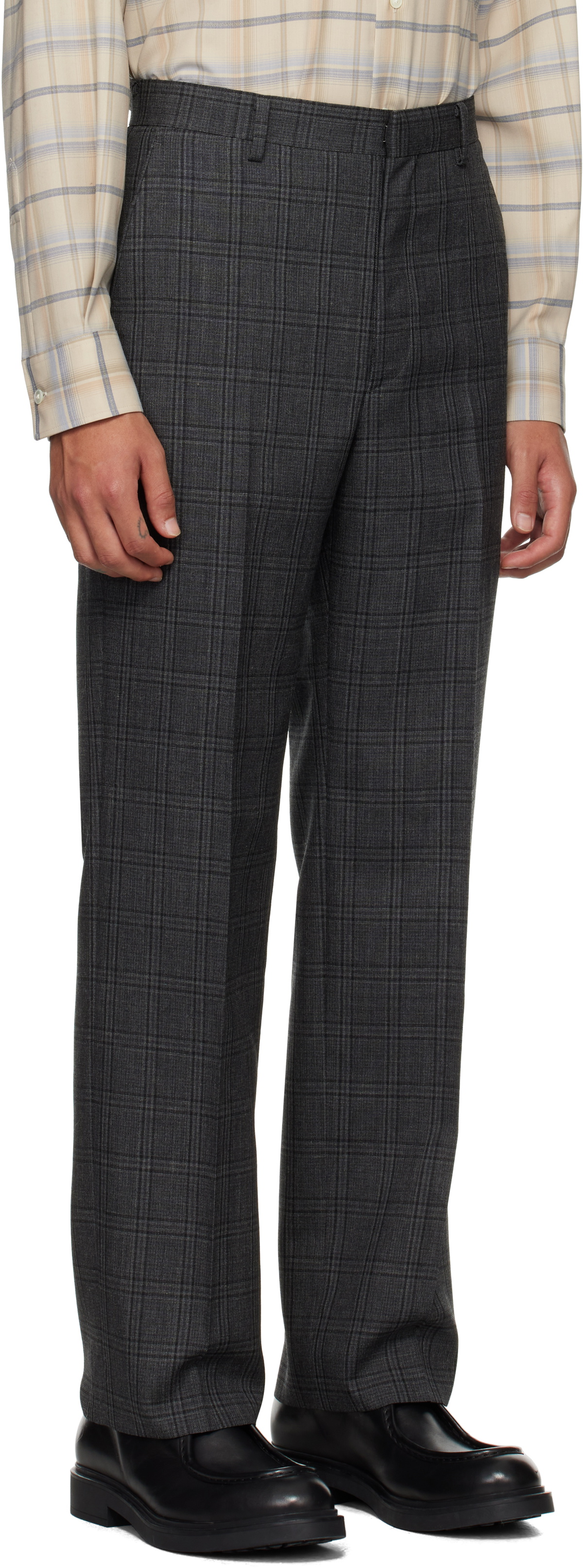 AURALEE Gray Bluefaced Wool Check Trousers