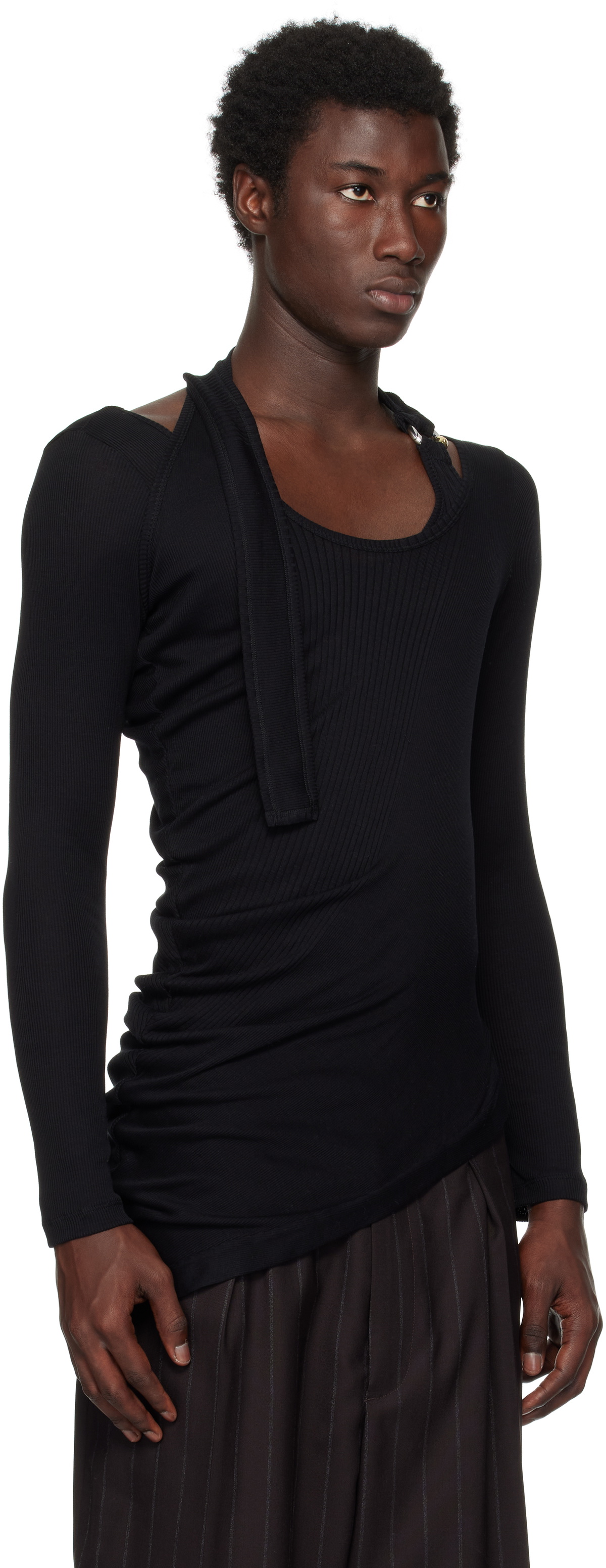 Jean Paul Gaultier Black Ribbed Twisted Double Layer Piercing T