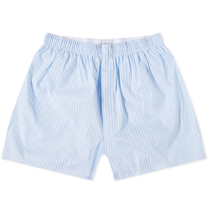 Photo: Sunspel Men's Stripe Boxer Shorts in White/Blue Bar Stripe