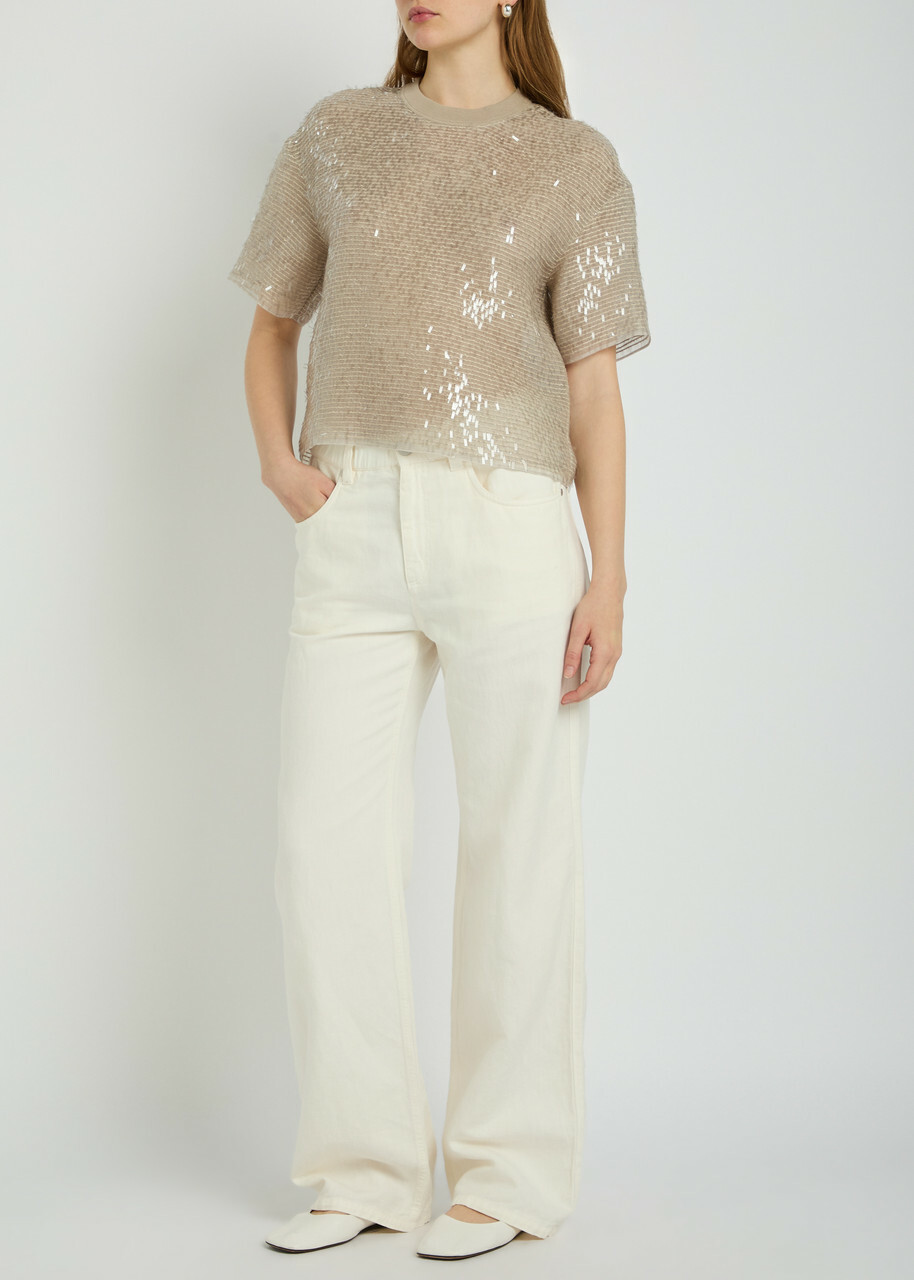 Brunello Cucinelli Embellished Silk Blouse Silver