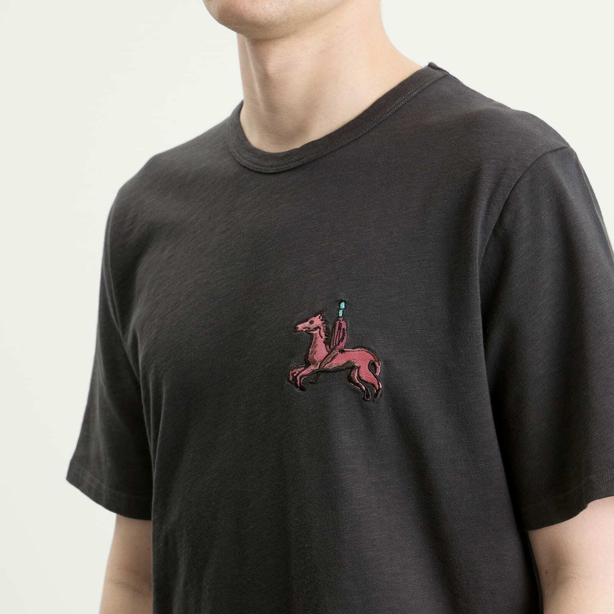 Folk Men's Slub Embroidery T-Shirt in Ecru Black Carousel