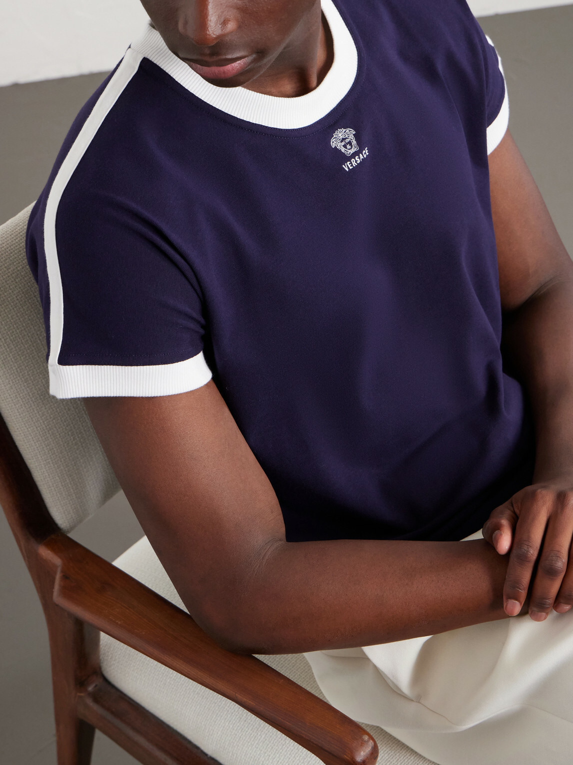 Versace - Medusa-Embroidered Cotton-Blend Jersey T-Shirt - Blue