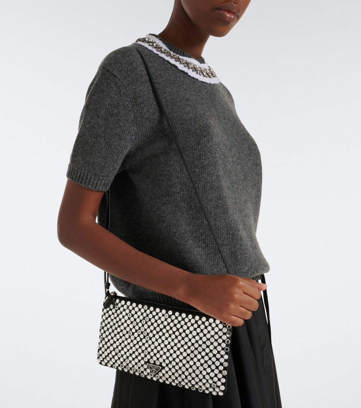 Prada Embellished leather-trimmed crossbody bag