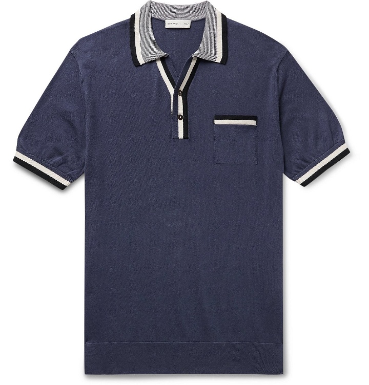 Photo: Etro - Contrast-Tipped Cotton and Cashmere-Blend Polo Shirt - Blue