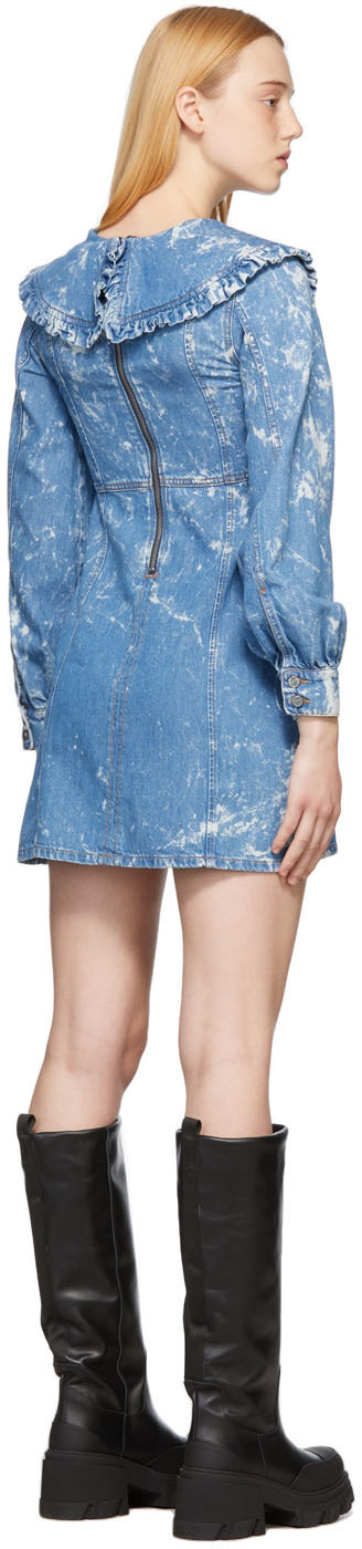 ganni fluffy denim mini dress GANNI Mid Blue Stone Tapestry Denim Mini Dress Mid Blue / 38