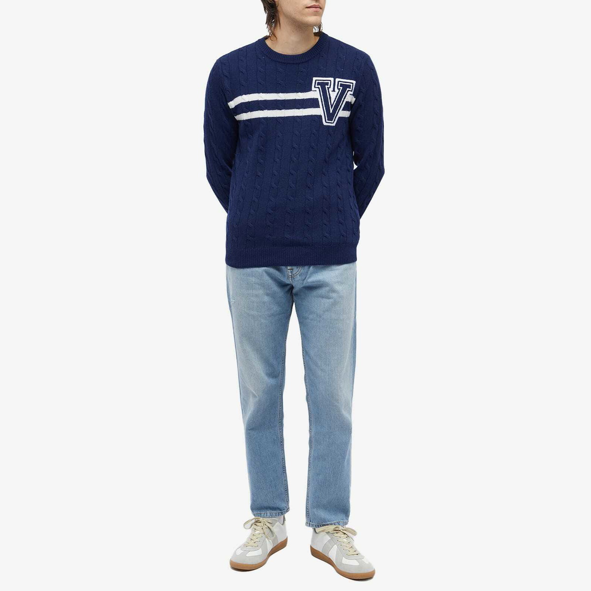 Valentino Men's V Logo Crew Knit in Blue/Ivory Valentino