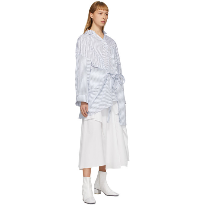 Enfold White and Green Striped Belted Asymmetric Drape Shirt