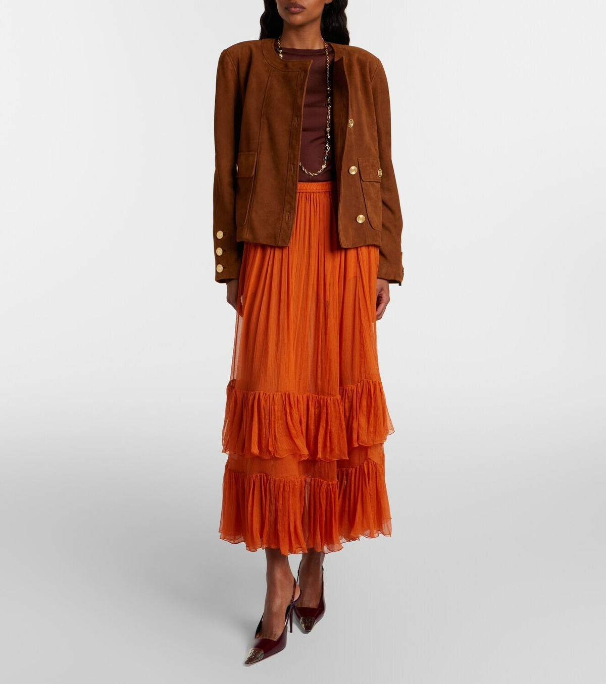 Saint Laurent Ruffled sheer silk maxi skirt