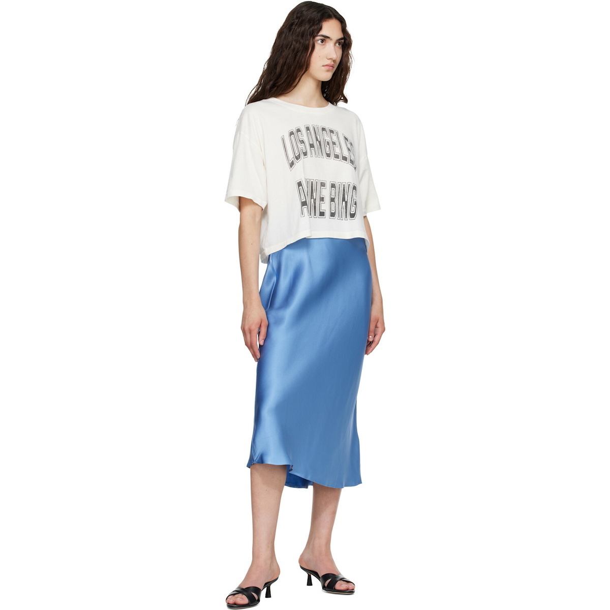 ANINE BING Blue Bar Silk Midi Skirt