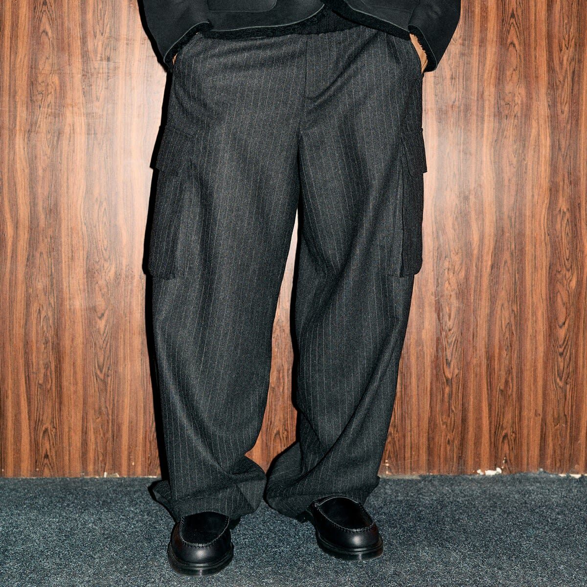 END. x YMC Stoosh Cargo Trouser in Pewter Chalkstripe