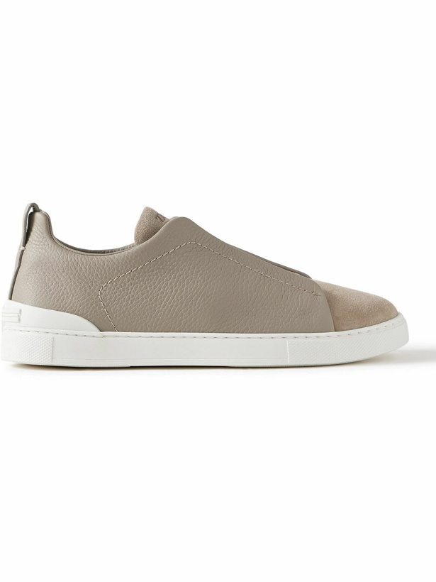 Photo: Zegna - Triple Stitch Full-Grain Leather and Suede Sneakers - Neutrals