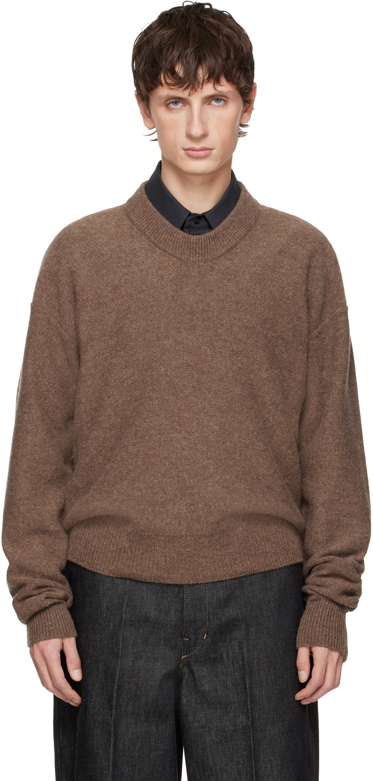 LEMAIRE Brown Boxy V Neck Sweater