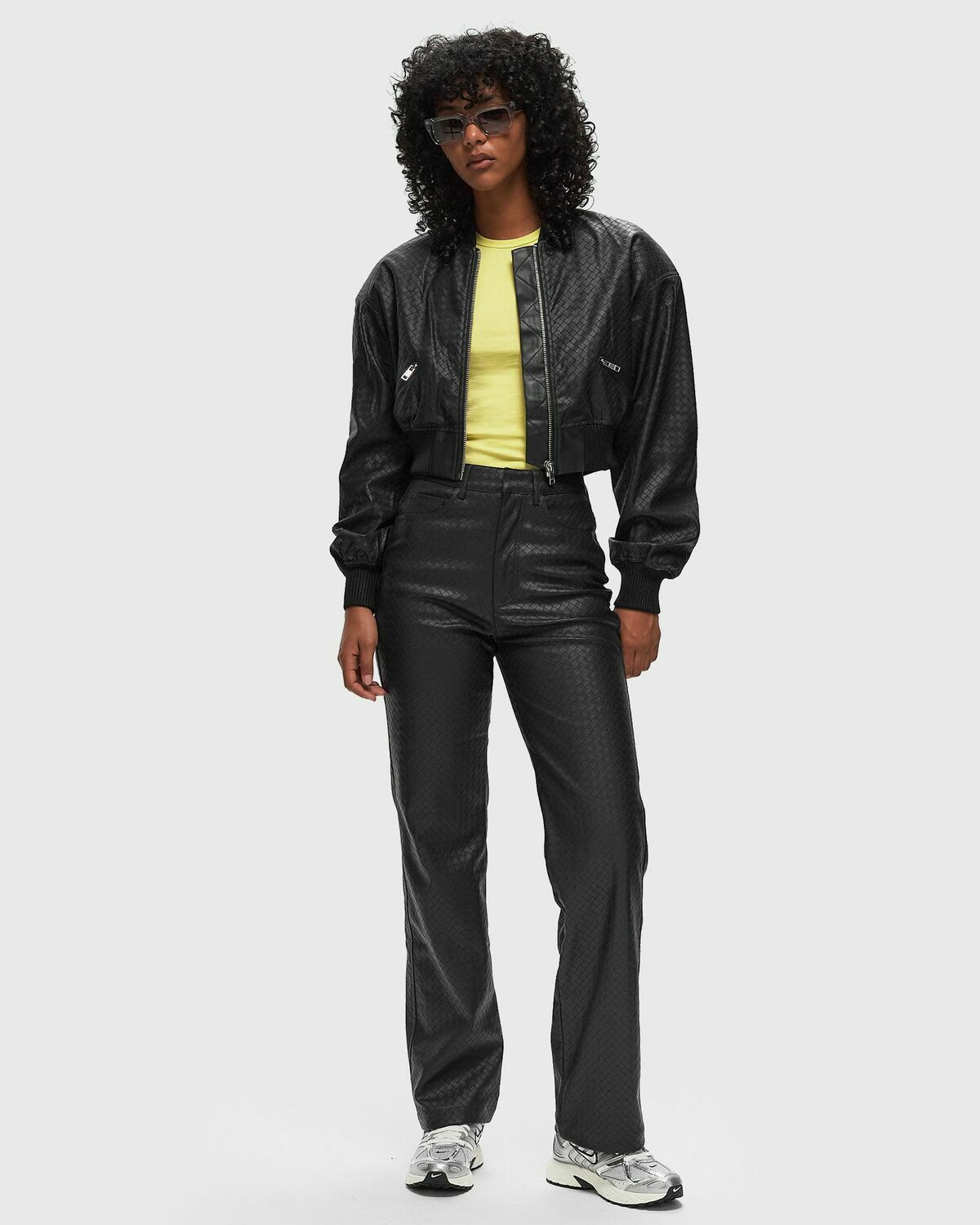 ROTATE Birger Christensen Cropped Braided Jacket Black Womens Bomber Jacket