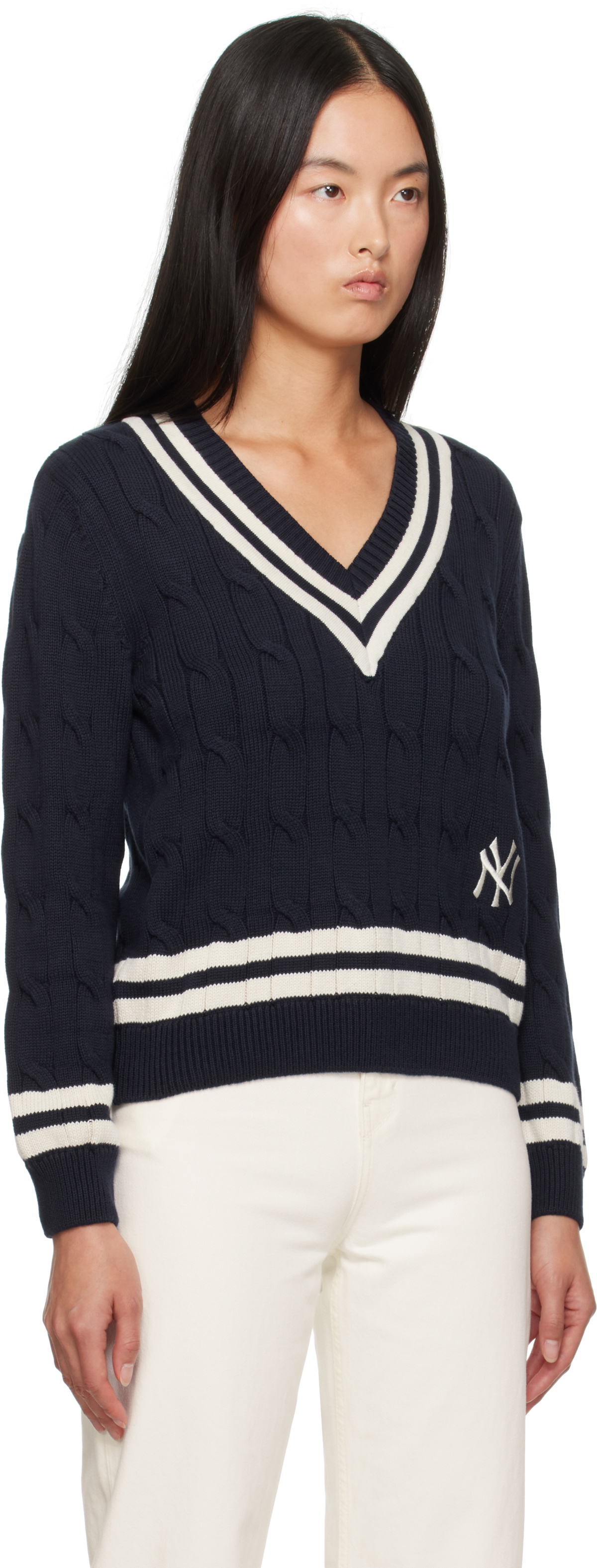 Sporty & Rich Navy '47 Edition Yankees Serif Cable Knit Sweater