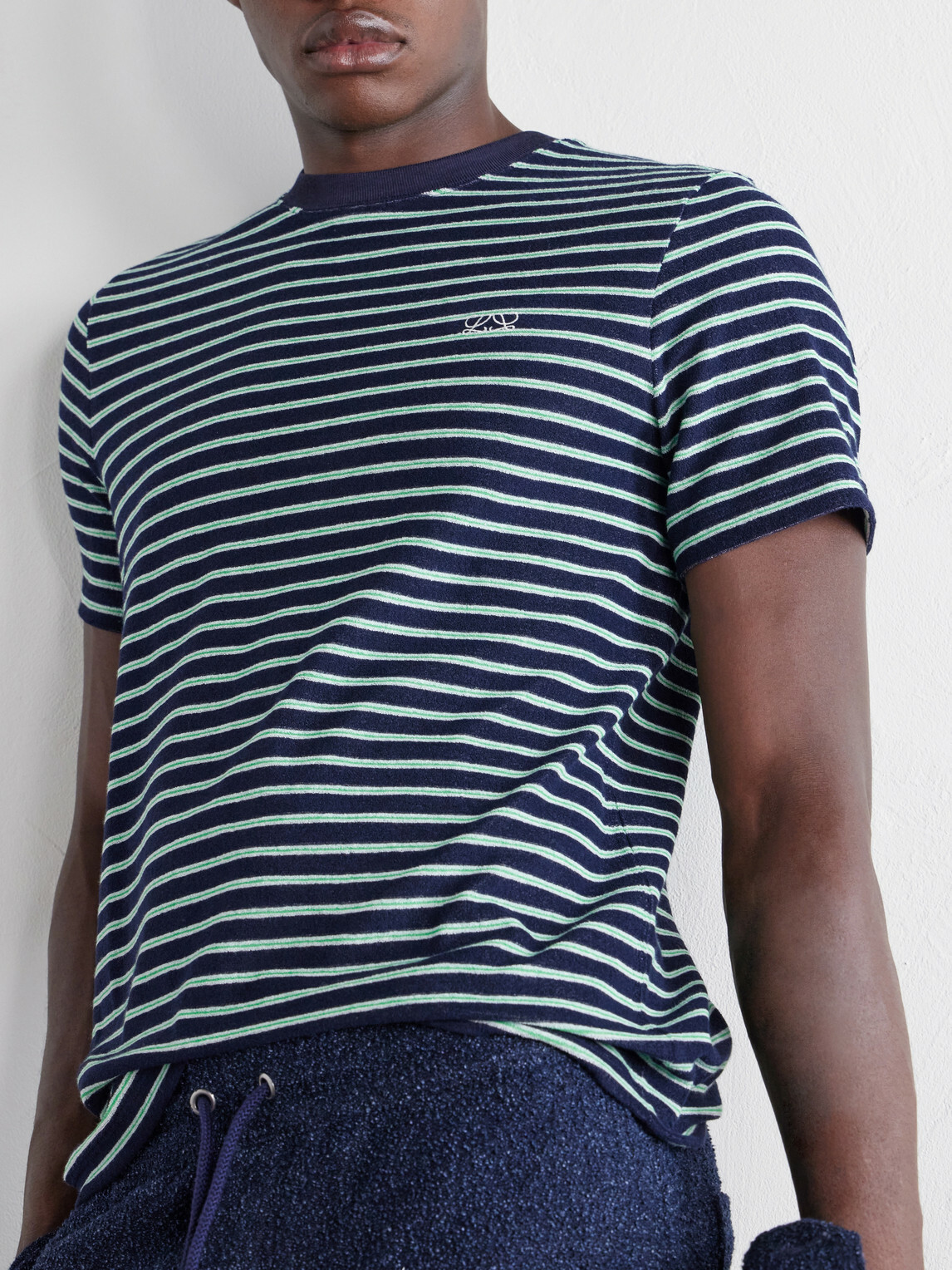 LOEWE - Logo-Embroidered Striped Cotton-Blend Terry T-Shirt - Blue
