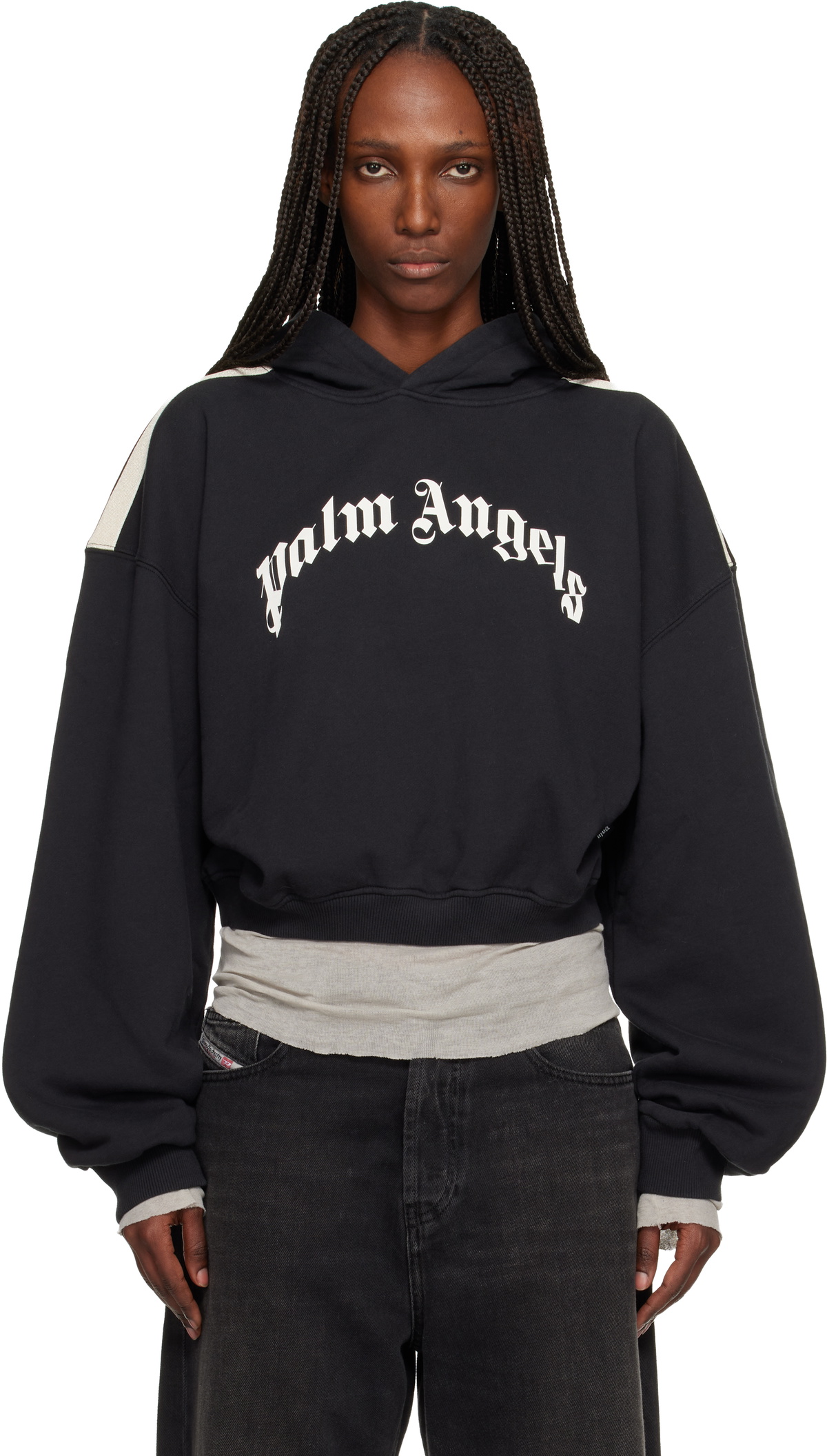 Palm Angels Black Curved Logo Track Crop Hoodie