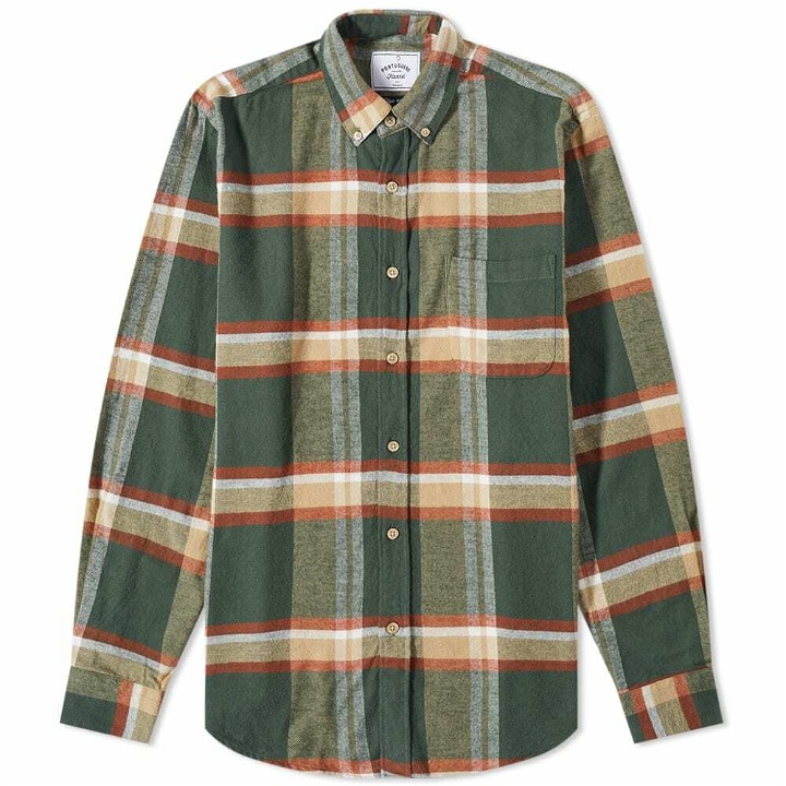 Photo: Portuguese Flannel Men's Farm Button Down Check Shirt in Green/Orange/Stone