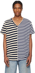 Greg Lauren Navy & Off-White Slit Striped T-shirt