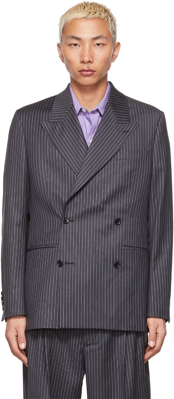 Photo: mfpen SSENSE Exclusive Grey & Purple Pinstriped Blazer