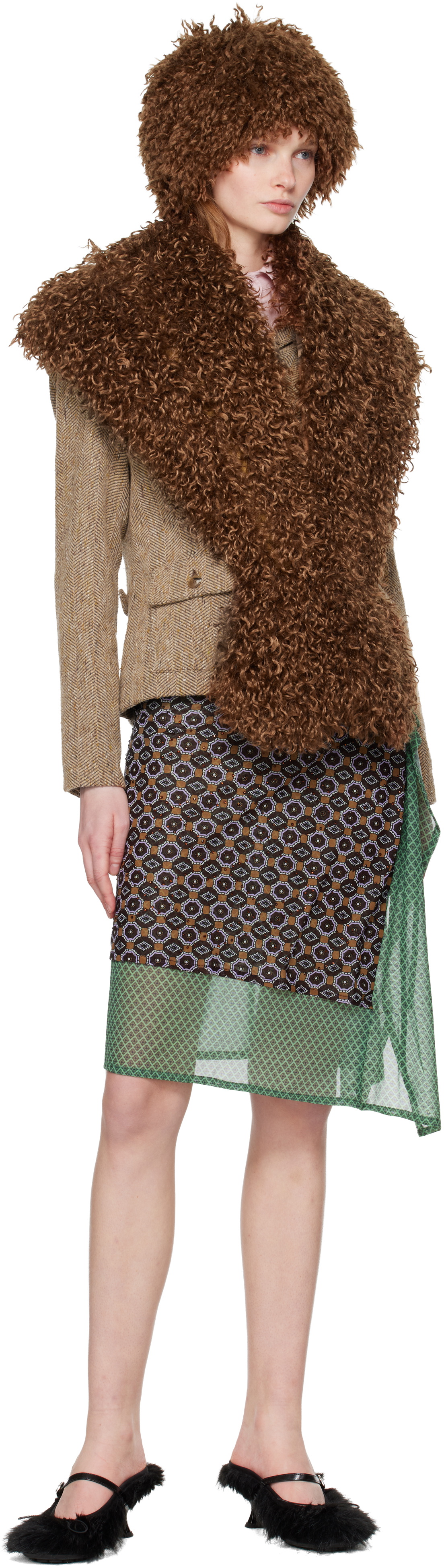 Anna Sui Brown Faux Fur Shawl Scarf