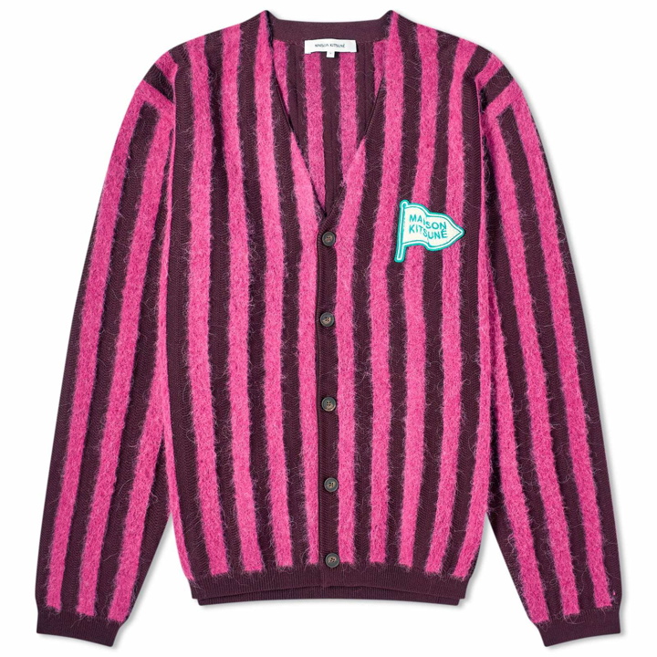 Photo: Maison Kitsuné Men's Flag Logo Intarsia Stripe Cardigan in Fuchsia/Burgundy