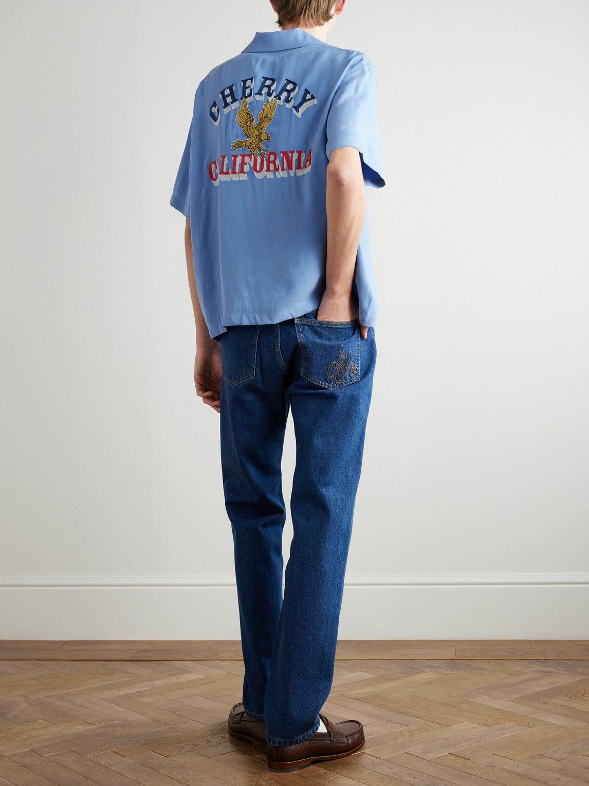 Cherry Los Angeles - Camp-Collar Embroidered Jersey Shirt - Blue