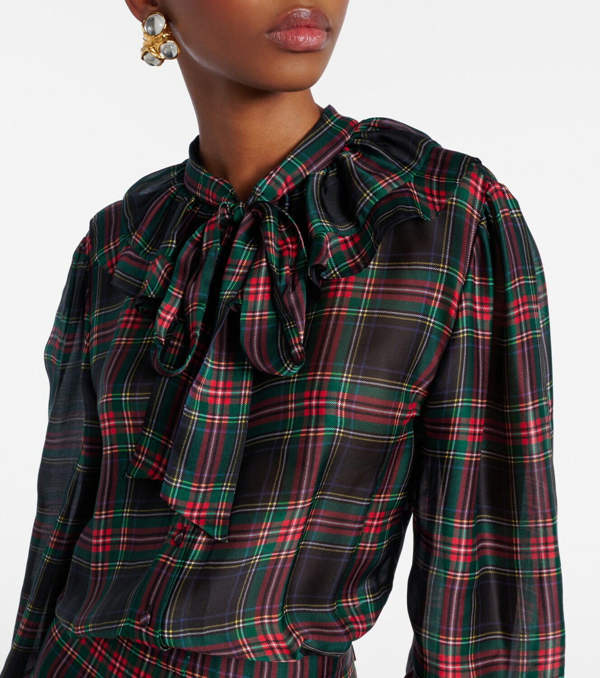 Saint Laurent Checked pleated silk charmeuse midi dress