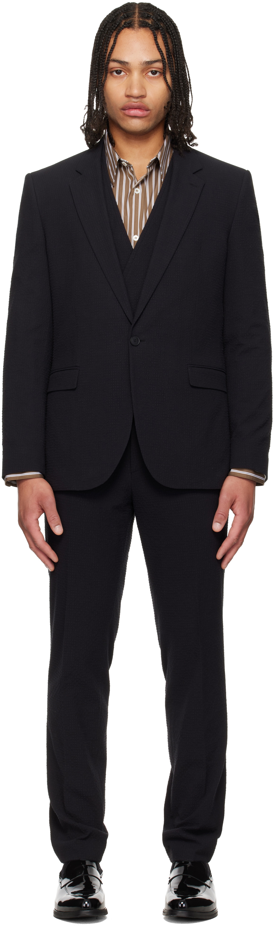 Hugo Black Three-Piece Extra-Slim-Fit Stretch-Cotton Seersucker Suit