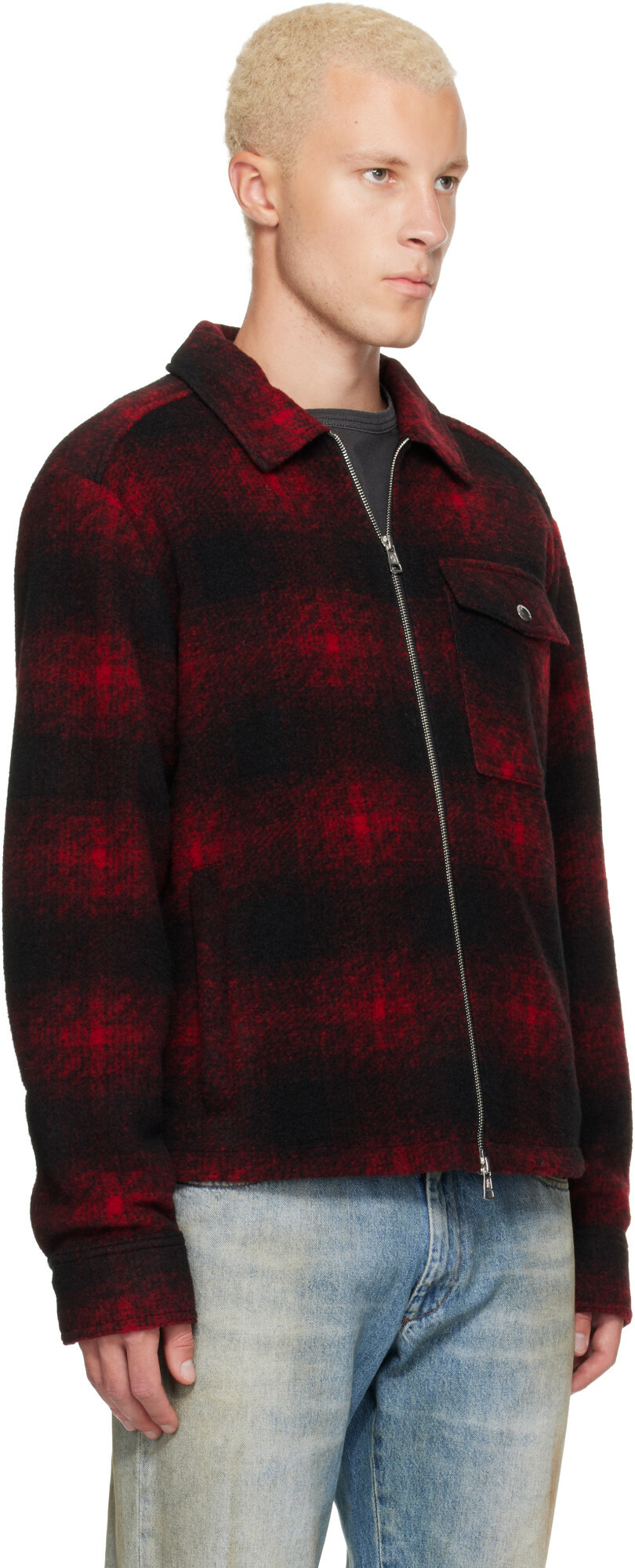 Moncler Red Check Jersey Zip-Up Shirt