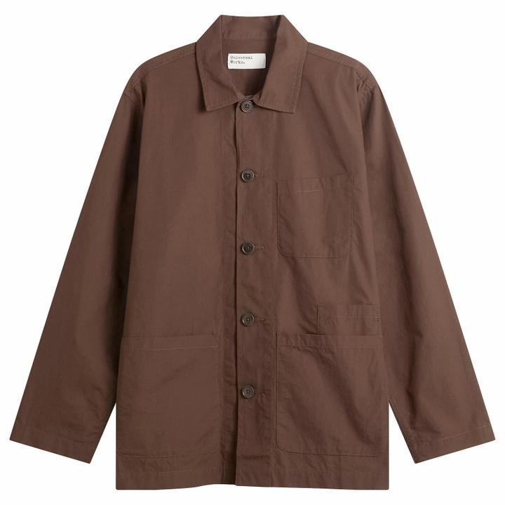 Photo: Universal Works Men's Peached Poplin Bakers Overshirt in Brown