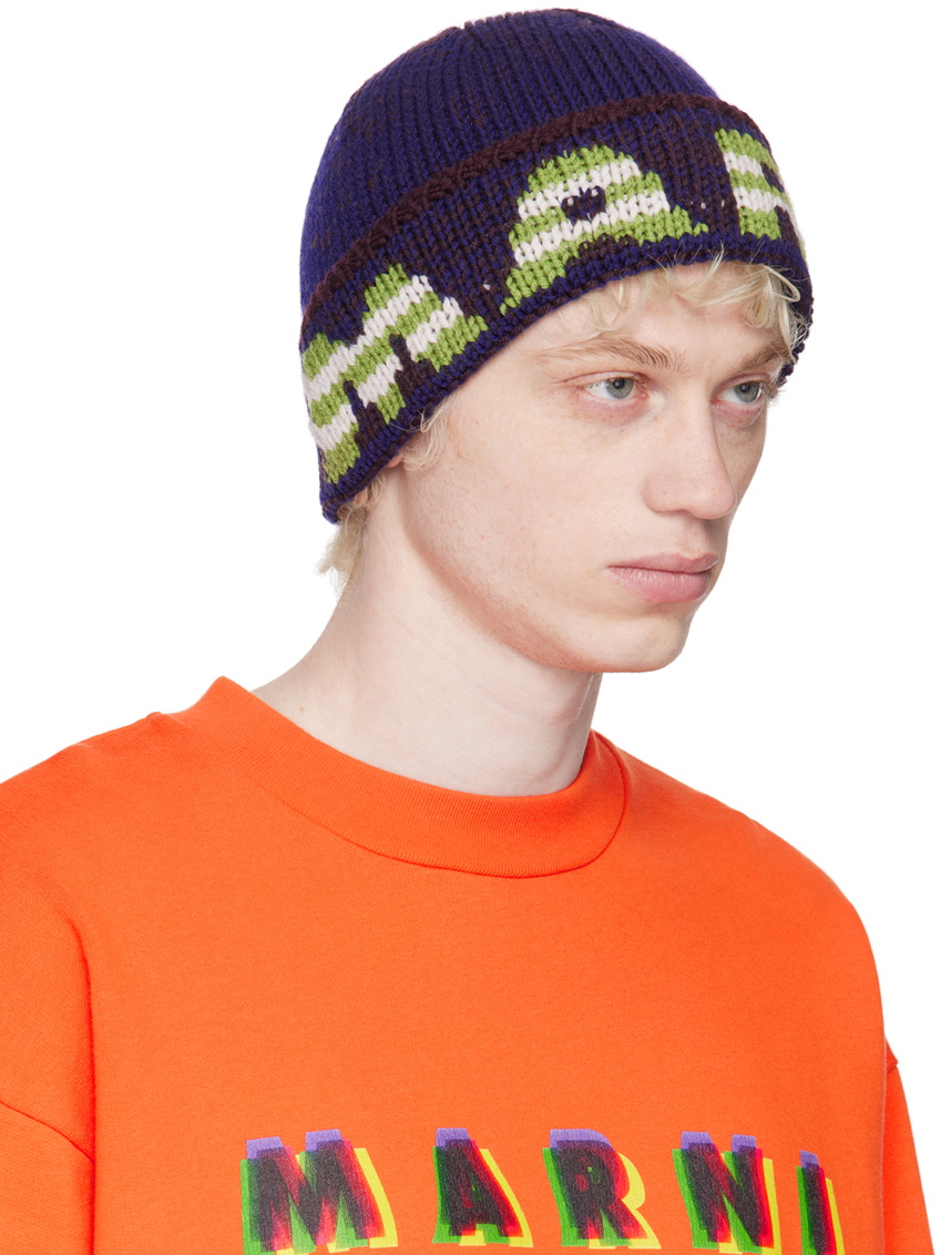 Marni Navy & Brown Jacquard Beanie Marni