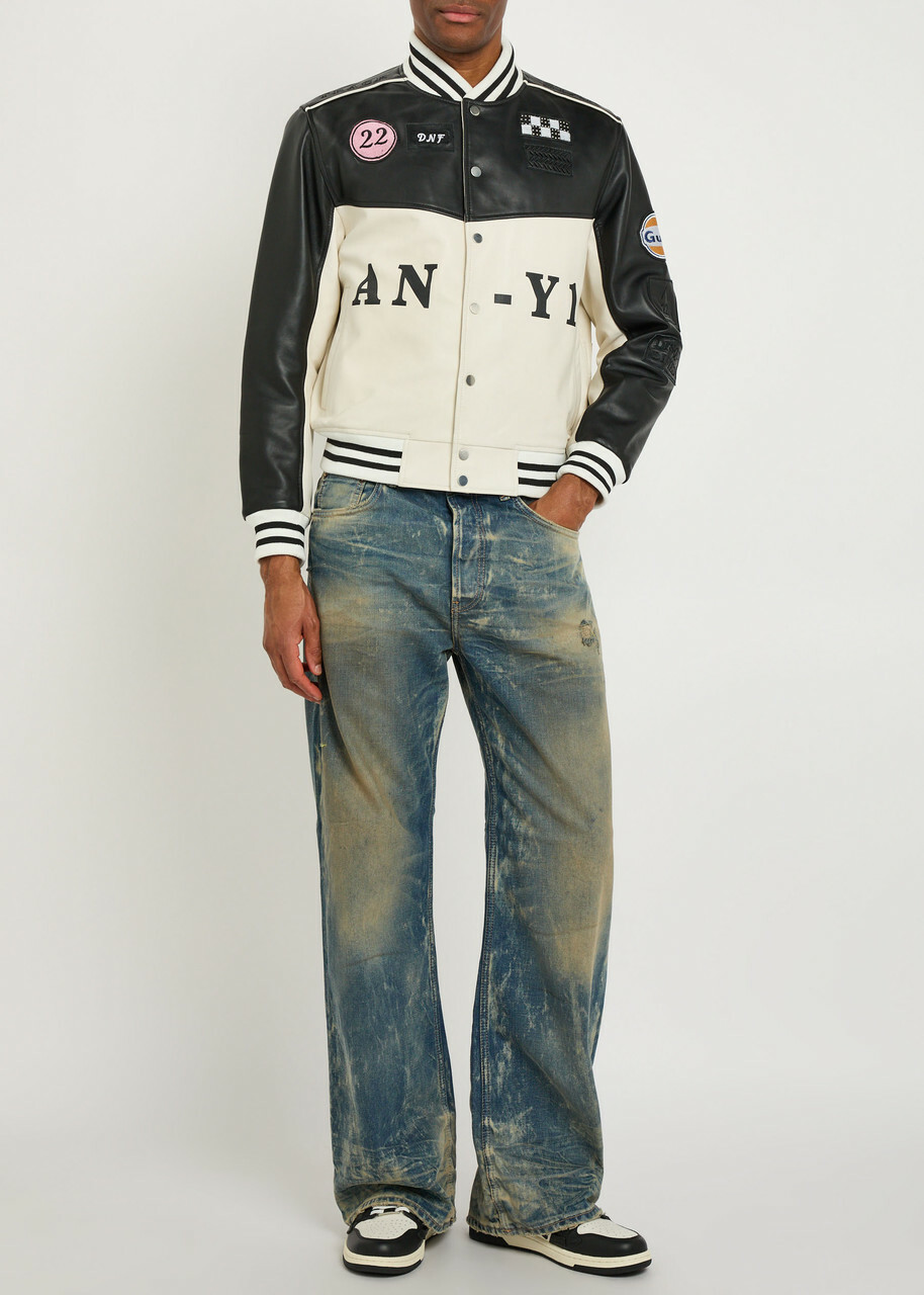 AN-Y1 Unisex Appliquéd Padded Leather Bomber Jacket Black And White