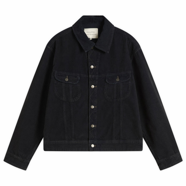 Photo: Studio Nicholson Men's Derby Double Dye Corduroy Trucker Jacket in Faded Blue