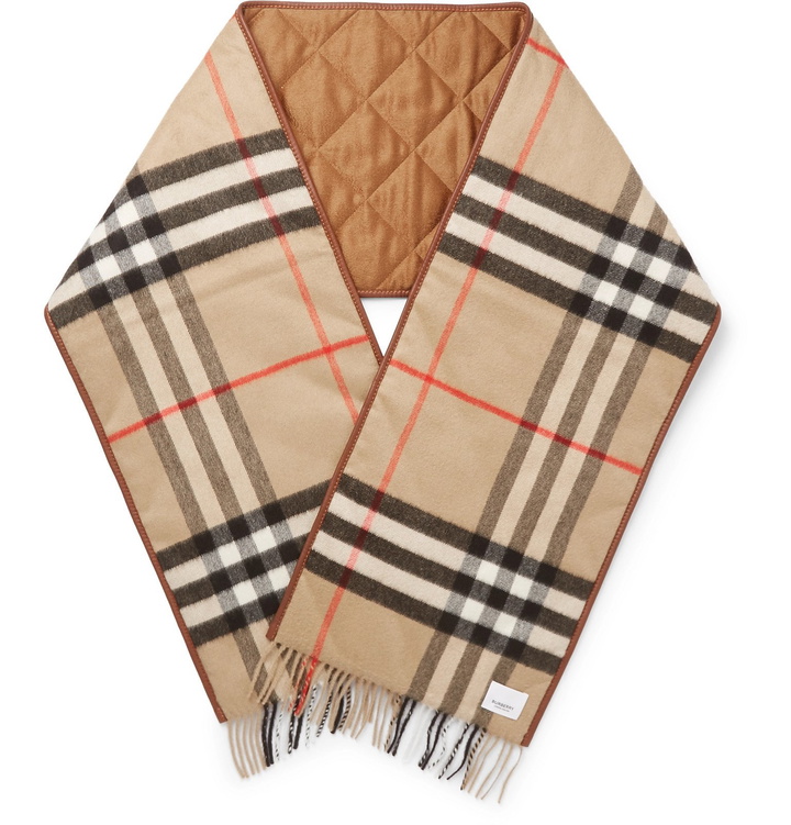 Photo: Burberry - Reversible Leather-Trimmed Quilted Fringed Checked Cashmere Scarf - Brown