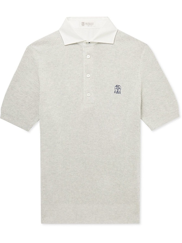 Photo: Brunello Cucinelli - Logo-Embroidered Ribbed Cotton-Jersey Polo Shirt - Gray
