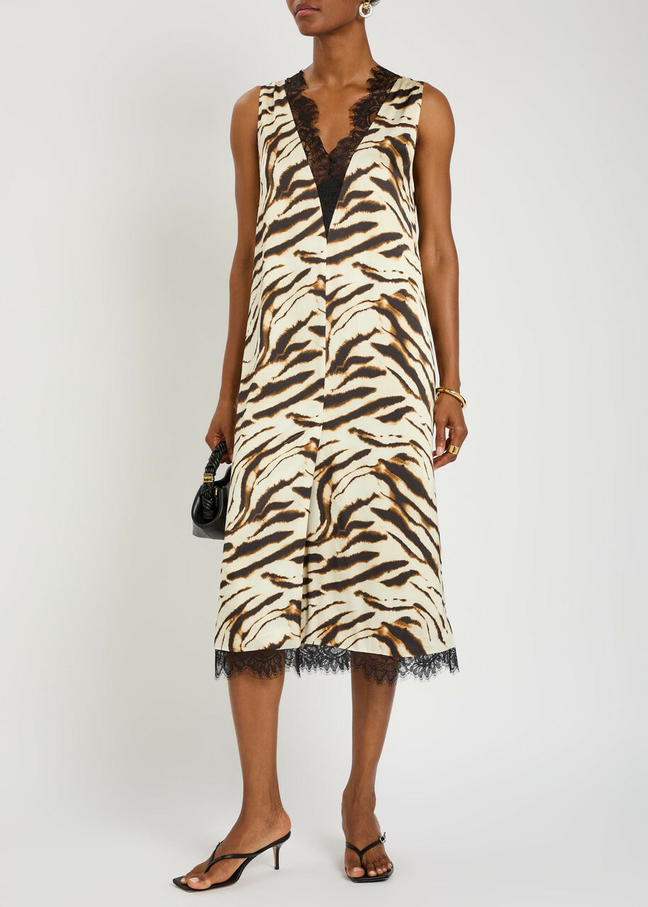 Ganni Printed Lace-trim Satin Midi Dress White